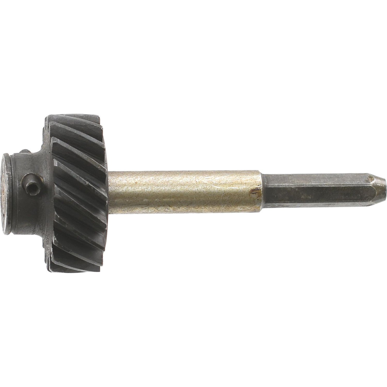 An image of the Engine Oil Pump Gear and Shaft Assembly, Sparex Part No. S.65267, featuring a metal gear shaft with a spiral gear at one end and a cylindrical body extending from it, typically used in Ford/New Holland engine oil pump assemblies.