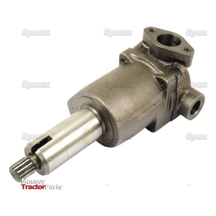 The Engine Oil Pump, Sparex Part No. S.41937, features a cylindrical steel shaft and two attachment ports. Compatible with Massey Ferguson machinery, this industrial metal hydraulic pump branded "Sparex" ensures optimal performance as an engine oil pump.