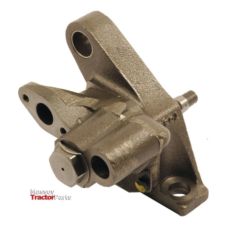 An angled view of the Sparex Engine Oil Pump (Part No. S.58705), featuring a metal hydraulic pump part with a mounting bracket and multiple ports, set against a white background. The item has "Massey Tractor Parts" printed on it and is versatile for Leyland and Nuffield machinery.