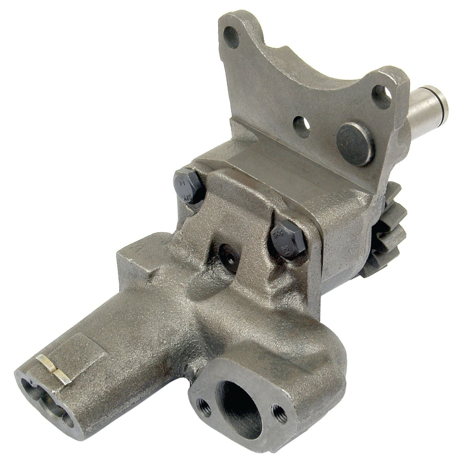 The Engine Oil Pump by Sparex (Sparex Part No. S.5935) features cylindrical and rectangular sections, holes, bolts, and gear-like structures, likely sourced from a Massey Ferguson engine oil pump.