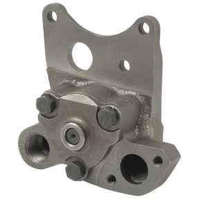 A Sparex Engine Oil Pump component (Part No. S.5936) made of metal, featuring various mounting holes, threaded ports, and hexagonal bolts, compatible with Perkins engine oil pumps.