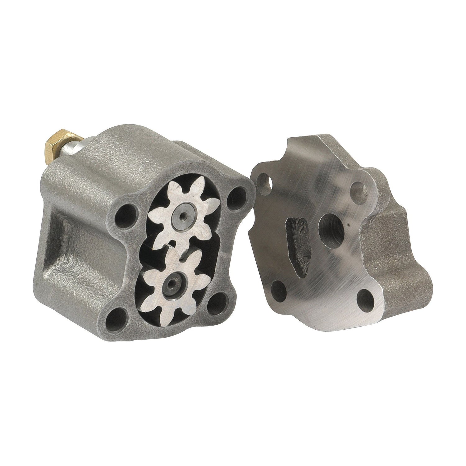 A disassembled mechanical gear pump, possibly the Sparex Engine Oil Pump (Part No. S.60037), showing internal gears and housing components placed side by side.