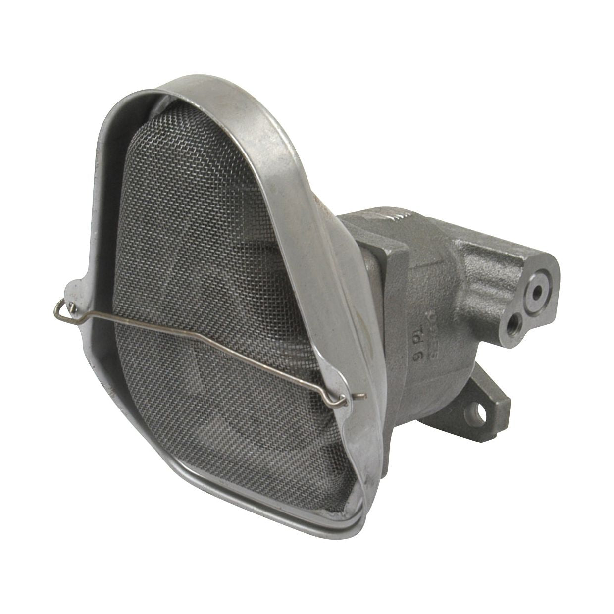 The Sparex Engine Oil Pump (Part No. S.65270) features a silver mesh metal filter attached to a gray, ridged, industrial component with a mounting bracket designed for a Ford / New Holland engine oil pump intermediate shaft.