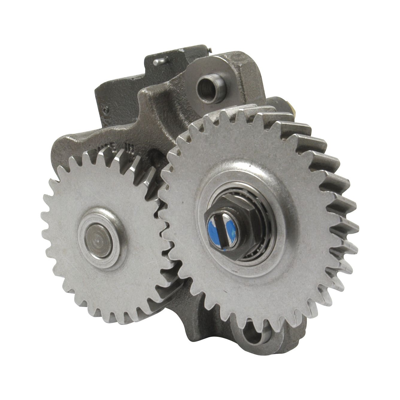 Close-up of a metal gear mechanism with two interlocking gears and a bolt in the center of one gear, resembling components found in the Sparex Engine Oil Pump (Part No. S.66821).