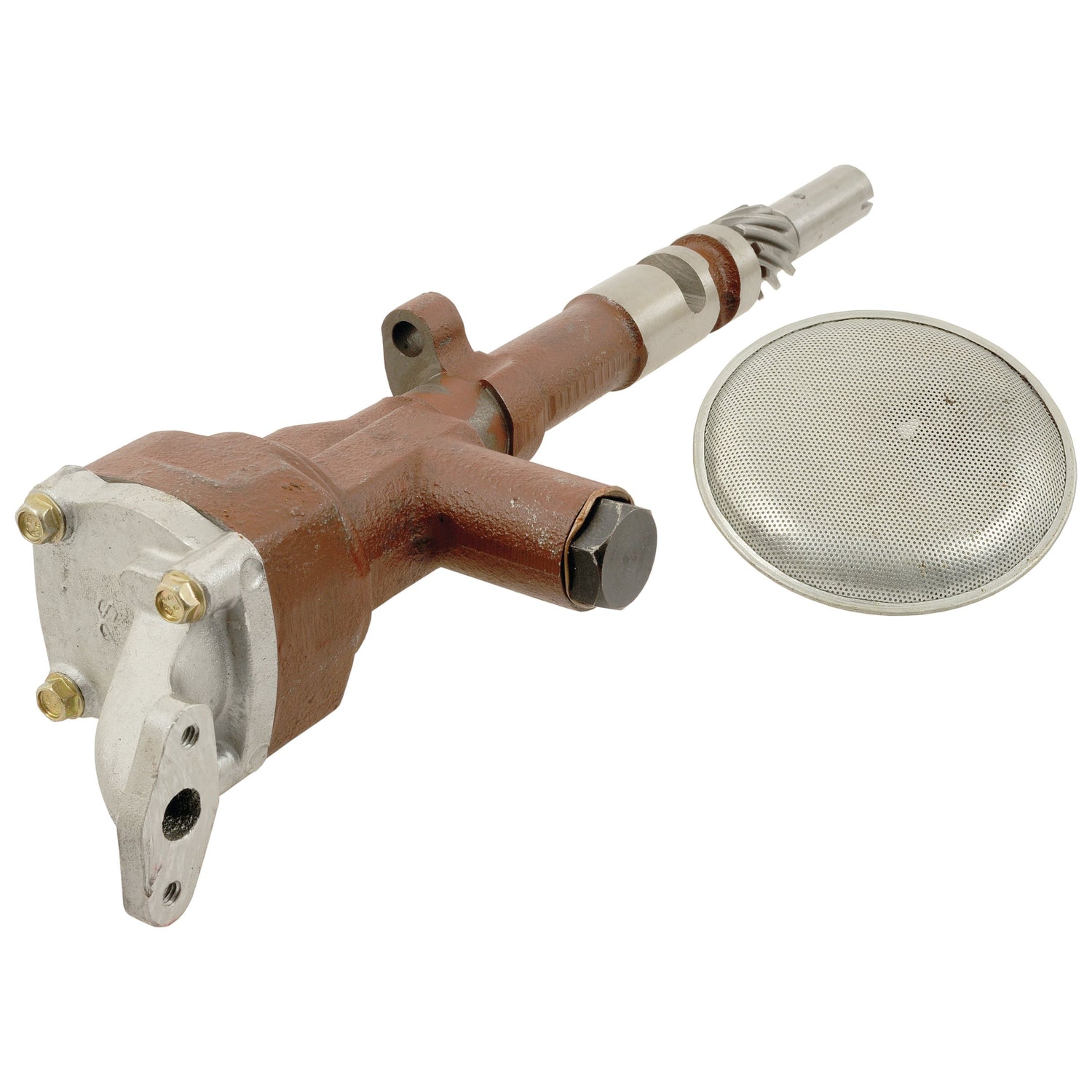 The Sparex Engine Oil Pump (Part No. S.75983) features a bronze-colored body and an attached metal mesh filter, lying on a white background. It is ideal for use with Case IH and International Harvester equipment.