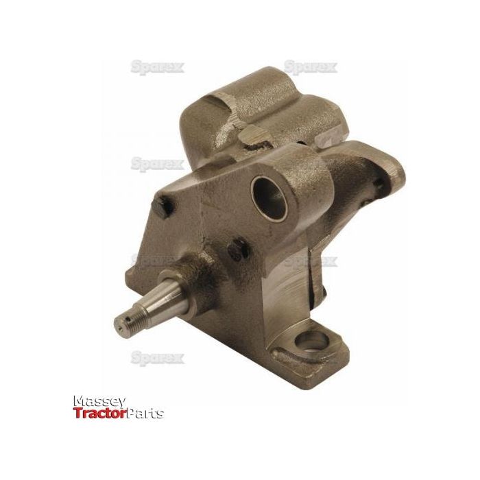 Engine oil pump with a pin and mounting base, labeled "Sparex Engine Oil Pump | Sparex Part No. S.58705." Appears to be a part of a tractor or heavy machinery, potentially compatible with Nuffield and Leyland models.