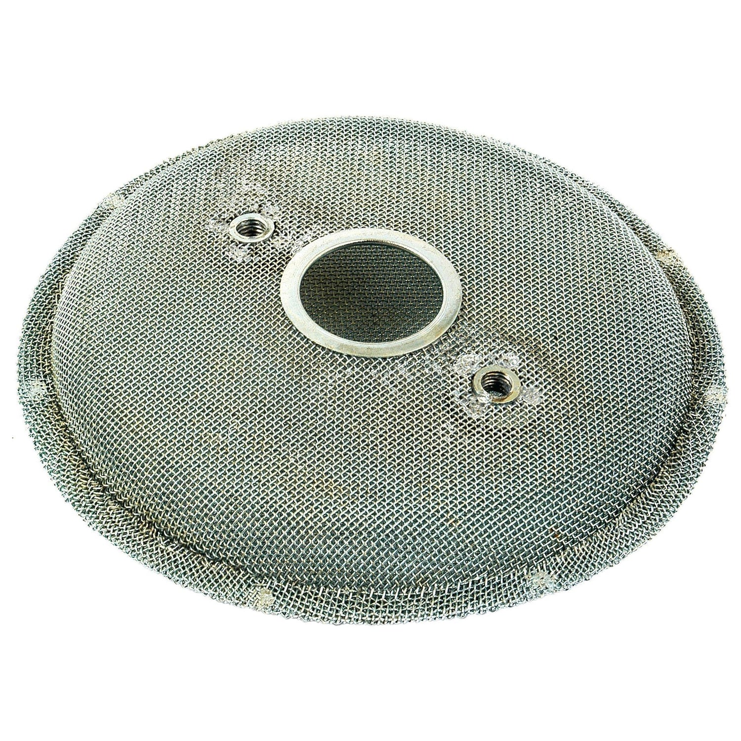 Introducing the Engine Oil Pump Strainer by Sparex (Part No. S.41542), a round metal mesh filter featuring a central hole and two smaller holes nearby, perfect for use with your Sparex Perkins oil pump.
