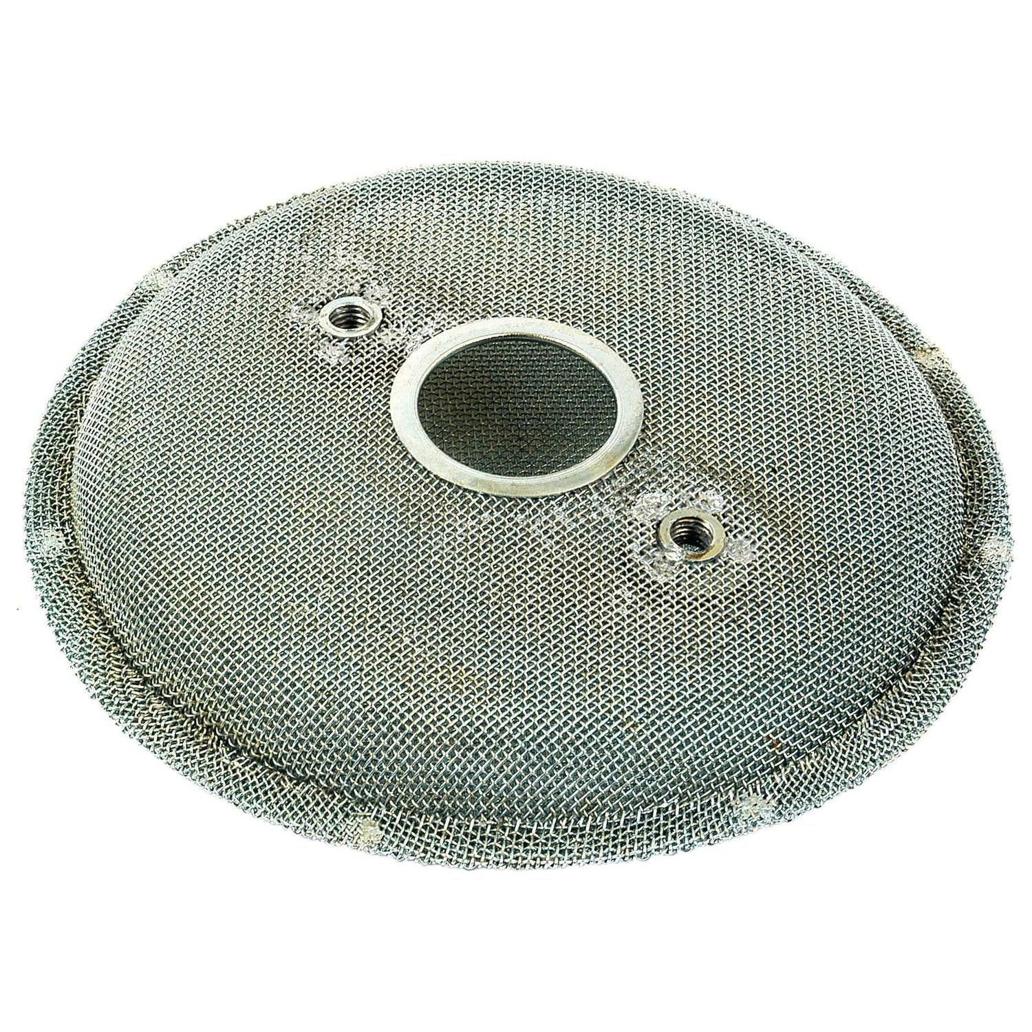 The Engine Oil Pump Strainer by Sparex (Part No. S.41542) features a round metal mesh with a central circular opening and two smaller surrounding holes, ideal for use with Sparex Perkins oil pumps.