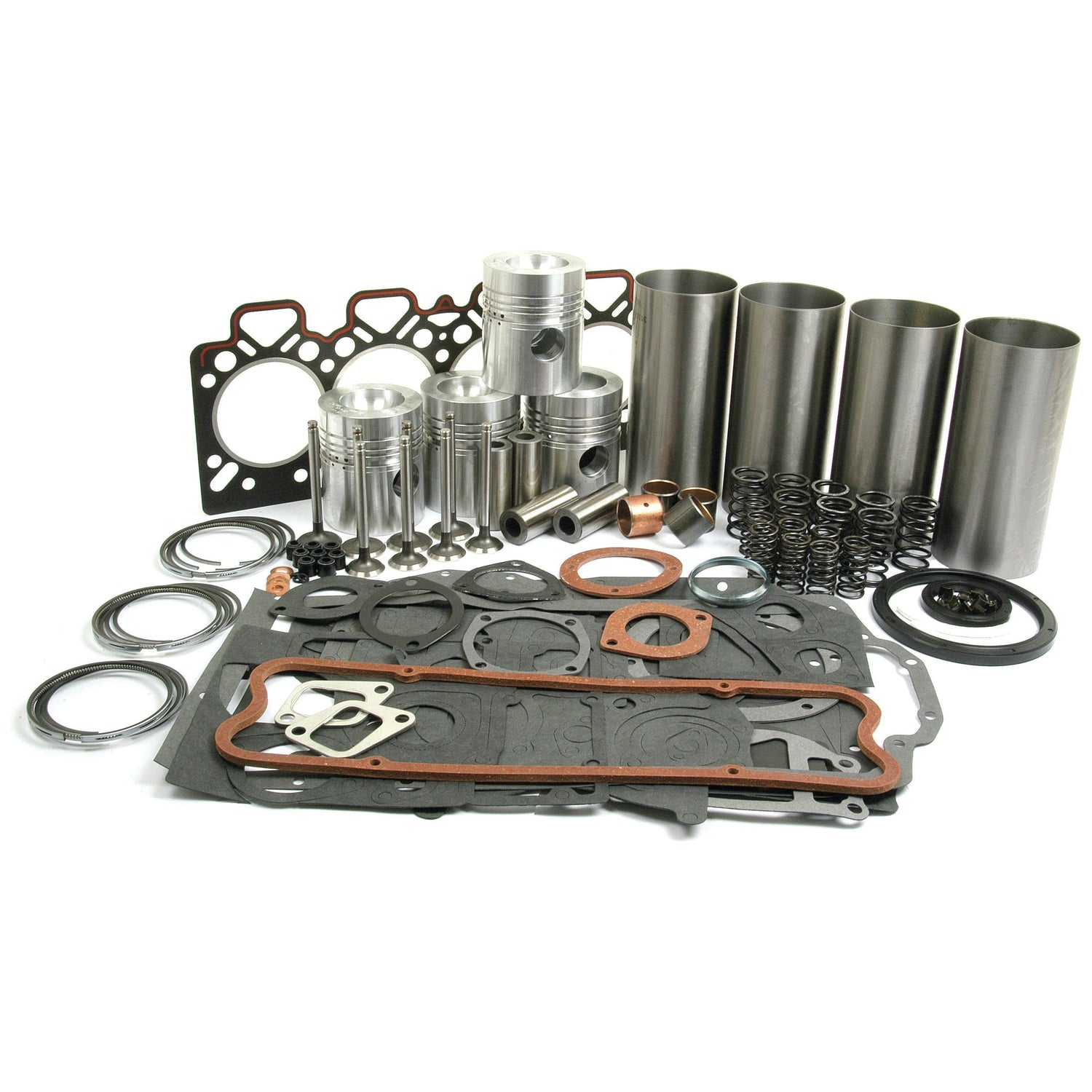 Various automotive engine components, including pistons, gaskets, cylinder sleeves, and valve springs from a Sparex Engine Overhaul Kit with Valve Train (Semi Finished) - S.40397, arranged together on a white background.