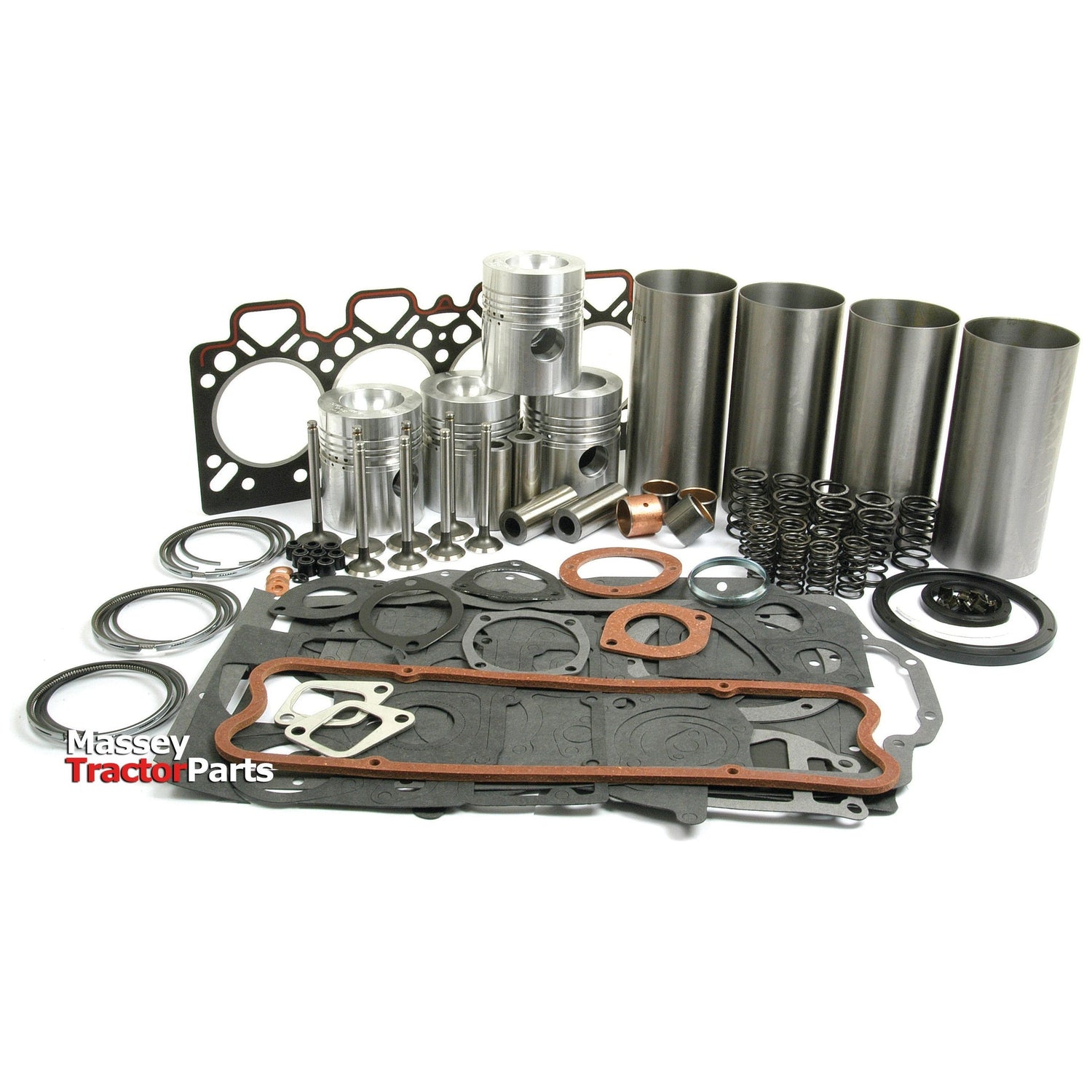 A collection of tractor engine parts, including pistons, gaskets, cylinder liners, and rings, displayed on a white background. The parts are labeled "Engine Overhaul Kit with Valve Train (Semi Finished) - S.40397" by Sparex and are designed for the Perkins Engine A4.248 series.