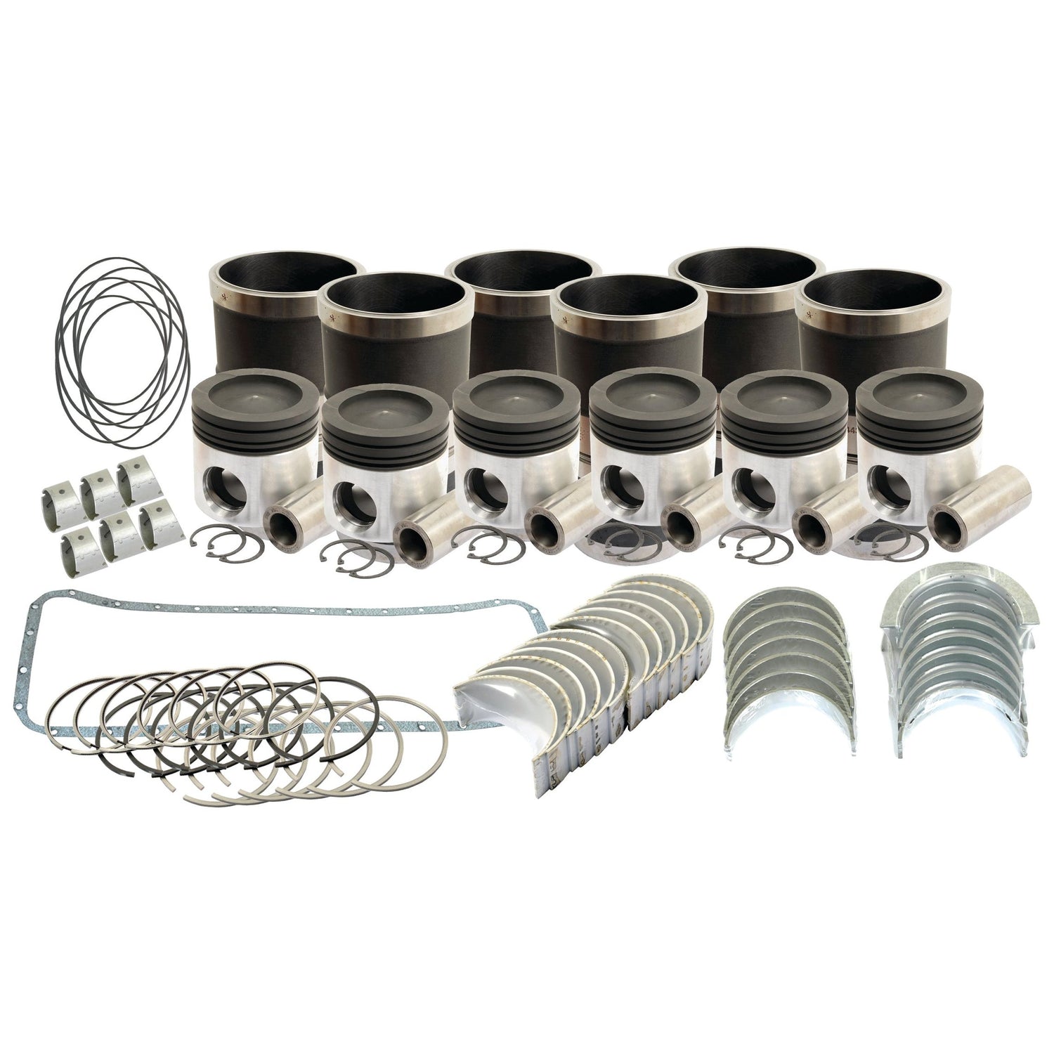 A complete Sparex Engine Overhaul Kit (S.25555), featuring pistons, piston rings, cylinder liners, bearings, and gaskets, arranged neatly on a white background.