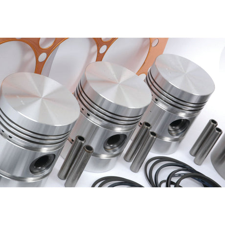 Three metal pistons with connecting rods, gaskets, and O-rings from a Sparex Engine Overhaul Kit with Valve Train (Finished) - S.40368 are arranged on a white surface.