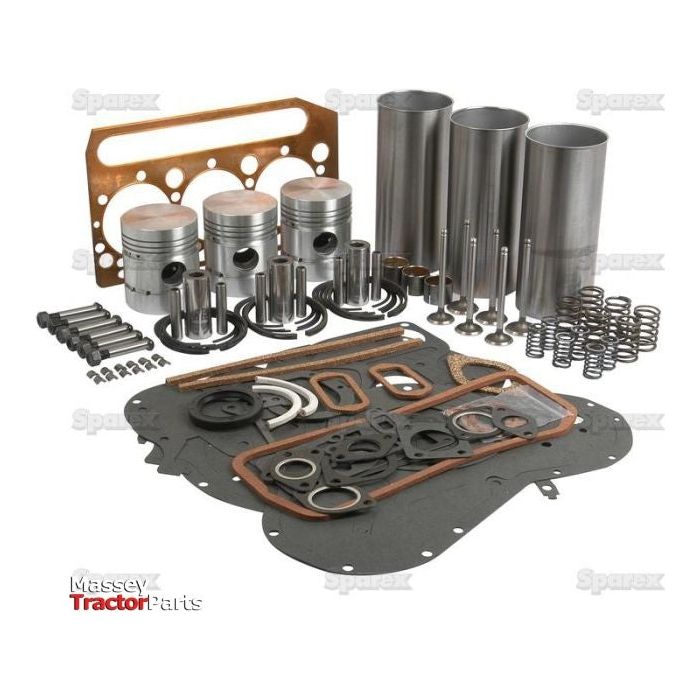 The Sparex Engine Overhaul Kit with Valve Train (Chrome) - S.40369 for the A3.152 engine model includes pistons, gaskets, seals, valves, springs, and other metal components arranged neatly against a white background.