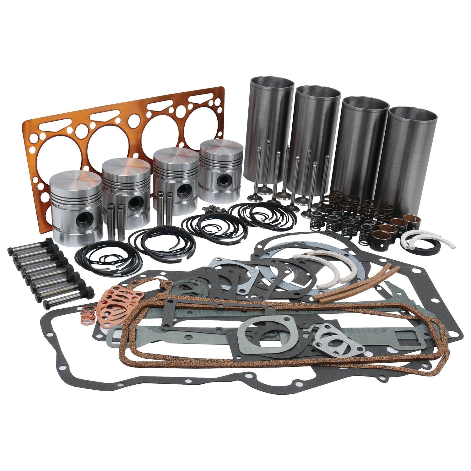 An Engine Overhaul Kit with Valve Train (Finished) - S.40371 from Sparex for the Perkins Engine A4.192 model includes a variety of engine parts such as pistons, gaskets, and rings, all laid out in an organized manner.