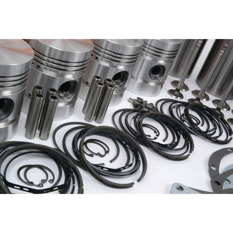 A variety of automotive engine parts, including pistons, valve stems, piston rings, gaskets, and various metal components for the A4.192 Model Perkins Engine from the Sparex Engine Overhaul Kit with Valve Train (Finished) - S.40371, neatly arranged on a white surface.