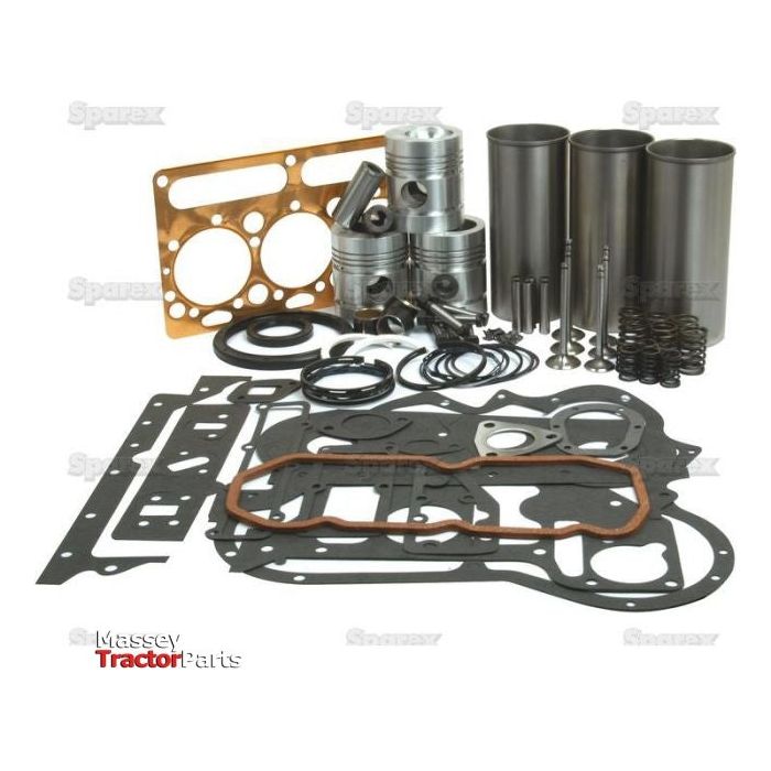 Various Sparex Engine Overhaul Kit parts from the S.40372 model, including pistons, gaskets, and valves for a Perkins AD3.152 cylinder engine, are laid out on a white surface.