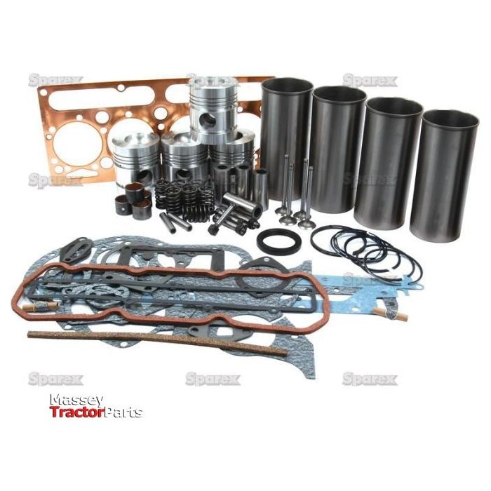 A variety of tractor engine parts, including pistons, gaskets, and seals for Perkins engines, are displayed against a white background with the text "Massey Tractor Parts" and "Sparex" watermarked across the image, featuring the Engine Overhaul Kit with Valve Train (Finished) - S.40374 by Sparex.