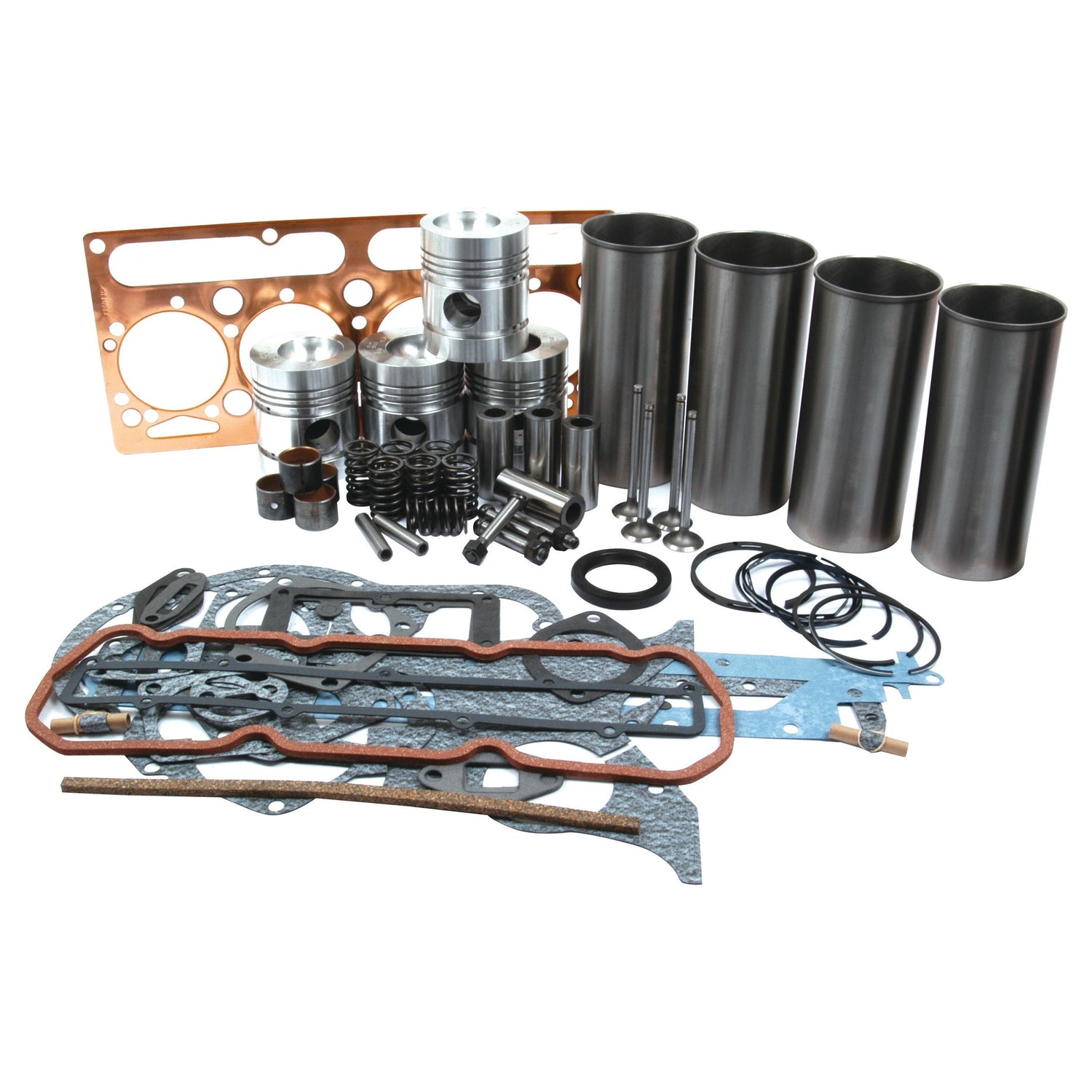 A display showcasing the Sparex Engine Overhaul Kit with Valve Train (Finished) - S.40374, featuring an assortment of pistons, cylinders, gaskets, and valve train components arranged on a white background.