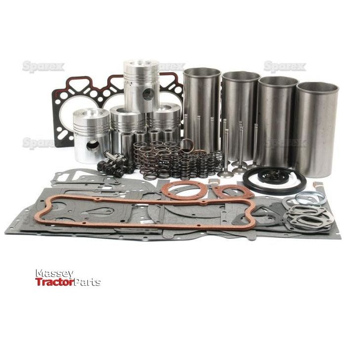 Introducing the Sparex Engine Overhaul Kit with Valve Train (Finished) - S.40375, a comprehensive solution for Massey Tractor featuring components for the Perkins Engine, including pistons, gaskets, seals, and various metal parts.
