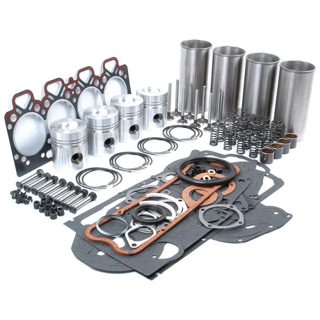 A neatly arranged collection of the **Engine Overhaul Kit with Valve Train (Finished) - S.40376** by **Sparex**, featuring various components such as pistons, gaskets, seals, bolts, washers, springs, and cylinders from a Perkins A4.212 Cylinder Engine, is displayed on a white background.