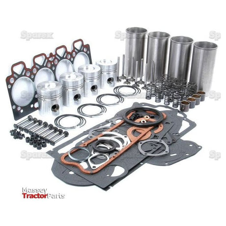 Image of a comprehensive Sparex Engine Overhaul Kit with Valve Train (Finished) - S.40376 for the A4.212 Cylinder Engine, including pistons, gaskets, O-rings, cylinder liners, valve push rods, and various hardware components.
