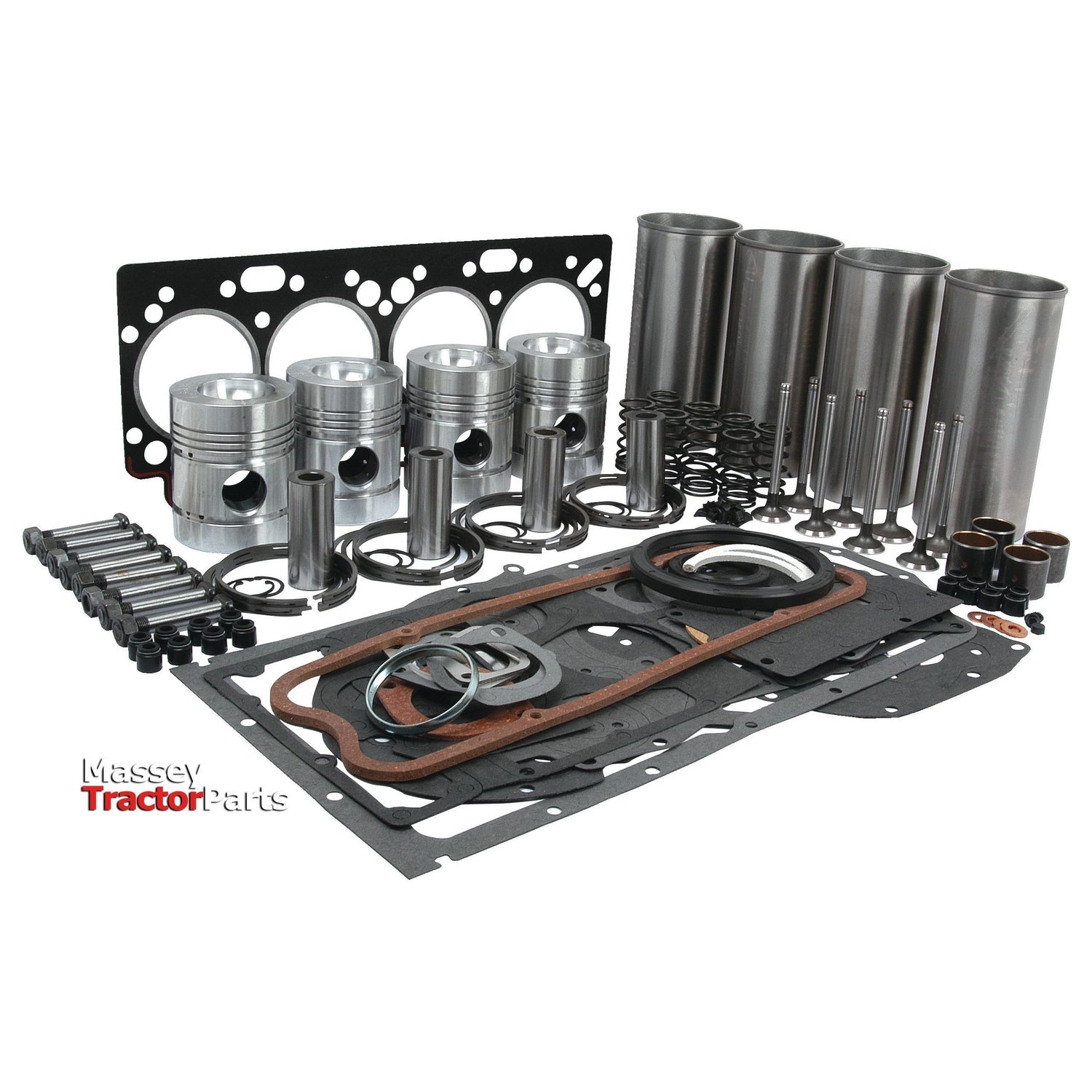A comprehensive Sparex Engine Overhaul Kit with Valve Train (Finished) - S.40377 for the A4.236 Engine Model, including pistons, gaskets, a complete valve train kit, and various other engine components laid out on a flat surface.