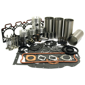 A variety of automotive engine parts arranged on a white surface, including pistons, gaskets, valves, springs, and cylinder liners from the Sparex Engine Overhaul Kit with Valve Train (Finished) - S.40378 for a Perkins Engine.