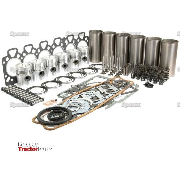 An assortment of tractor engine parts, including an A6.354 cylinder, pistons, gaskets, and various metal components from a Perkins engine, arranged neatly on a white surface.