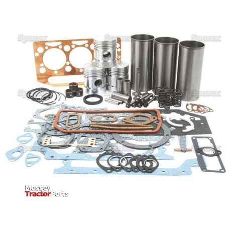 A comprehensive Engine Overhaul Kit for an A3.152 Perkins Engine, featuring pistons, sleeves, seals, and gaskets displayed on a white background. The image is labeled "Massey Tractor Parts." This detailed kit from Sparex, labeled as "Engine Overhaul Kit with Valve Train (Semi Finished) - S.40388," ensures your tractor runs smoothly.

