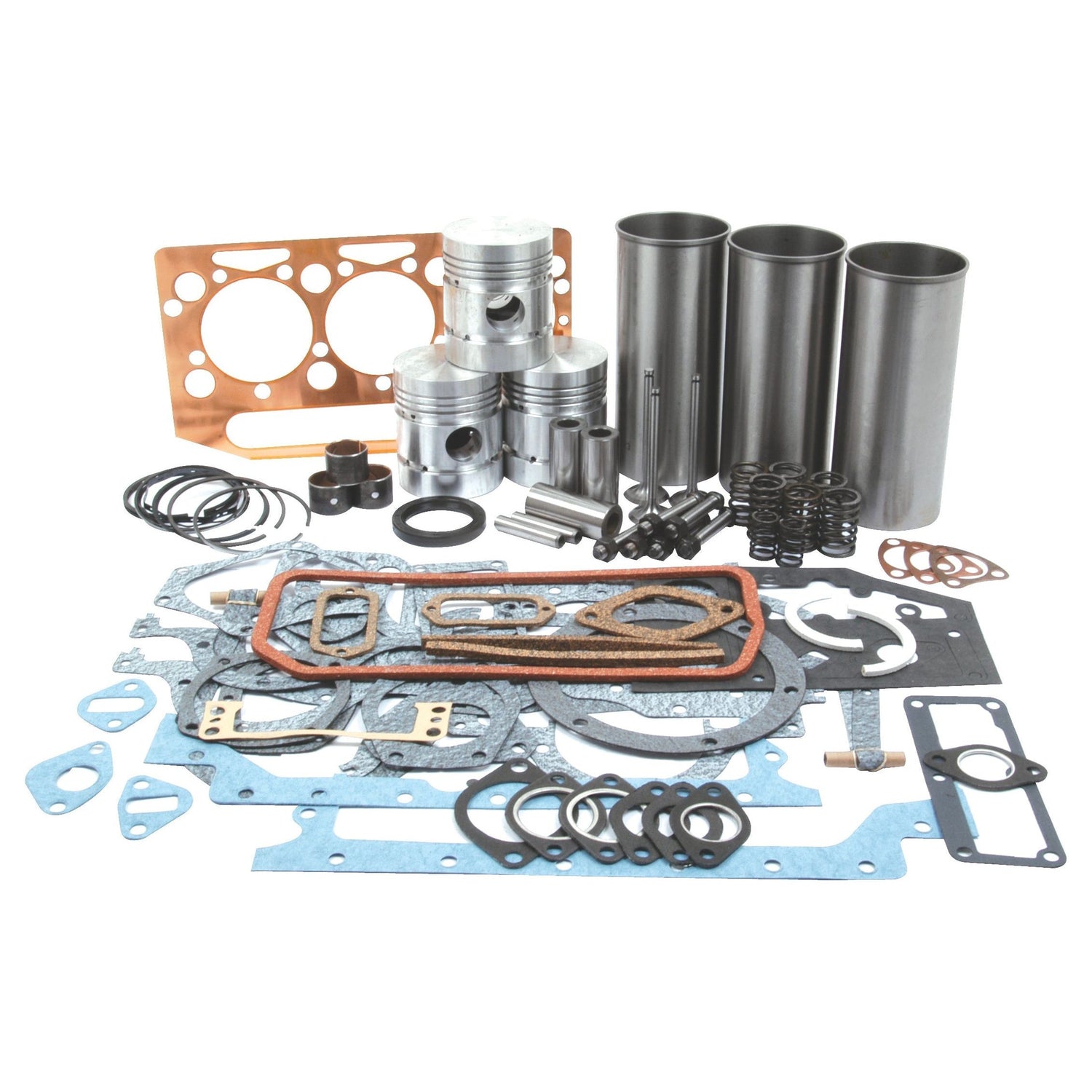 A neatly arranged collection of various automotive engine parts, including gaskets, pistons, rings, and cylinder sleeves, designed specifically for an A3.152 Perkins Engine overhaul kit on a white background.