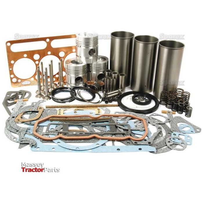 Various engine parts laid out, including pistons, gaskets, valves, springs, and seals with "Massey Tractor Parts" and "Sparex" logos visible. Highlighted is the Sparex Engine Overhaul Kit with Valve Train (Semi Finished) - S.40390 for comprehensive servicing.