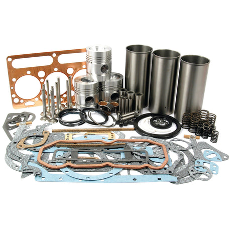 The Sparex Engine Overhaul Kit with Valve Train (Semi Finished) - S.40391 includes a collection of various Perkins Engine components such as gaskets, pistons, cylinders, bolts, and rings assembled together for an AD3.152 engine overhaul.