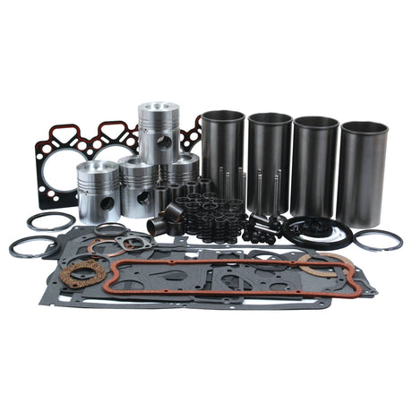 An assortment of Sparex engine parts from the Engine Overhaul Kit with Valve Train (Semi Finished) - S.40393, including pistons, gaskets, seals, rods, and cylinders arranged on a white background.