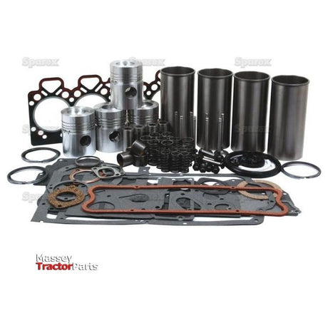 A collection of Massey tractor engine parts, including pistons, cylinder liners, gaskets, seals, and rings for Perkins Engine A4.212 models displayed on a white background as part of the Sparex Engine Overhaul Kit with Valve Train (Semi Finished) - S.40393.