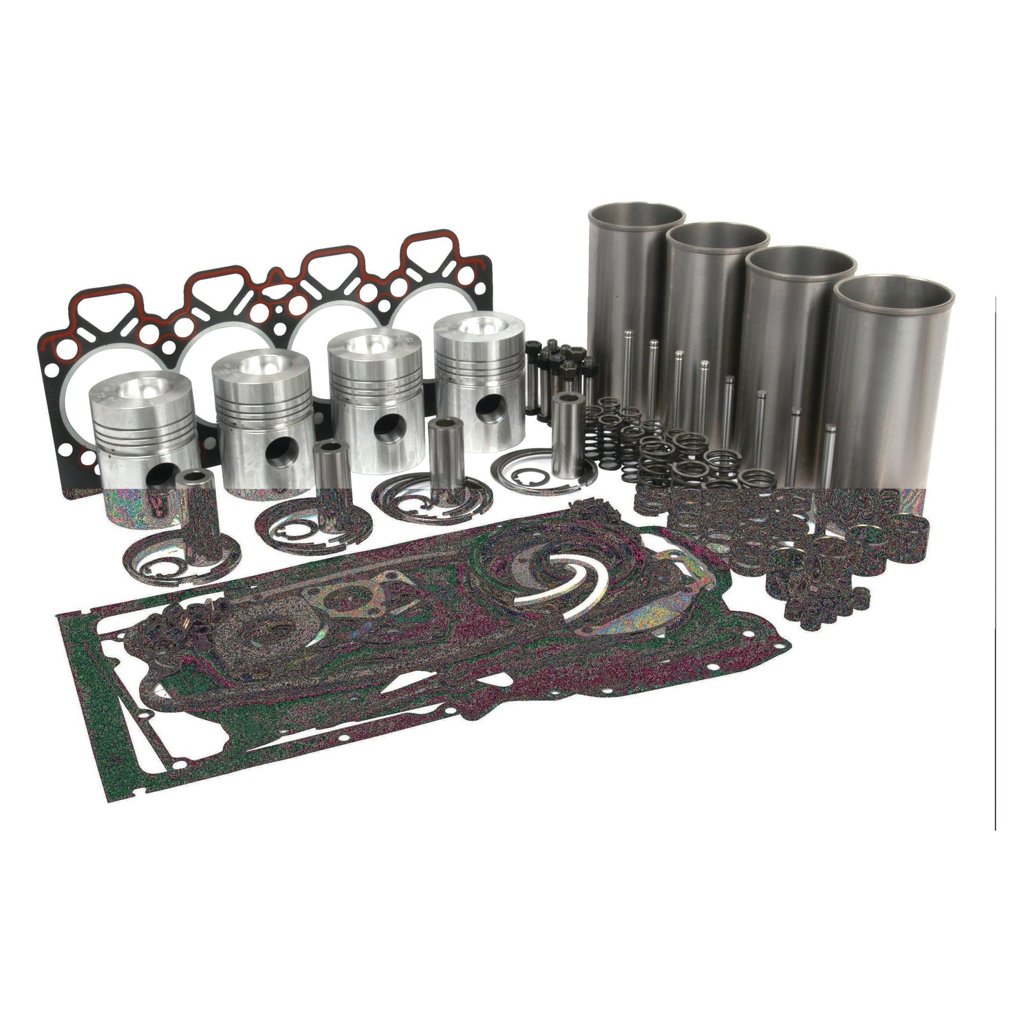 The Sparex Engine Overhaul Kit with Valve Train (Semi Finished) - S.40393 for Perkins A4.212 engines includes pistons, gaskets, liners, seals, and other essential components displayed on a white background.
