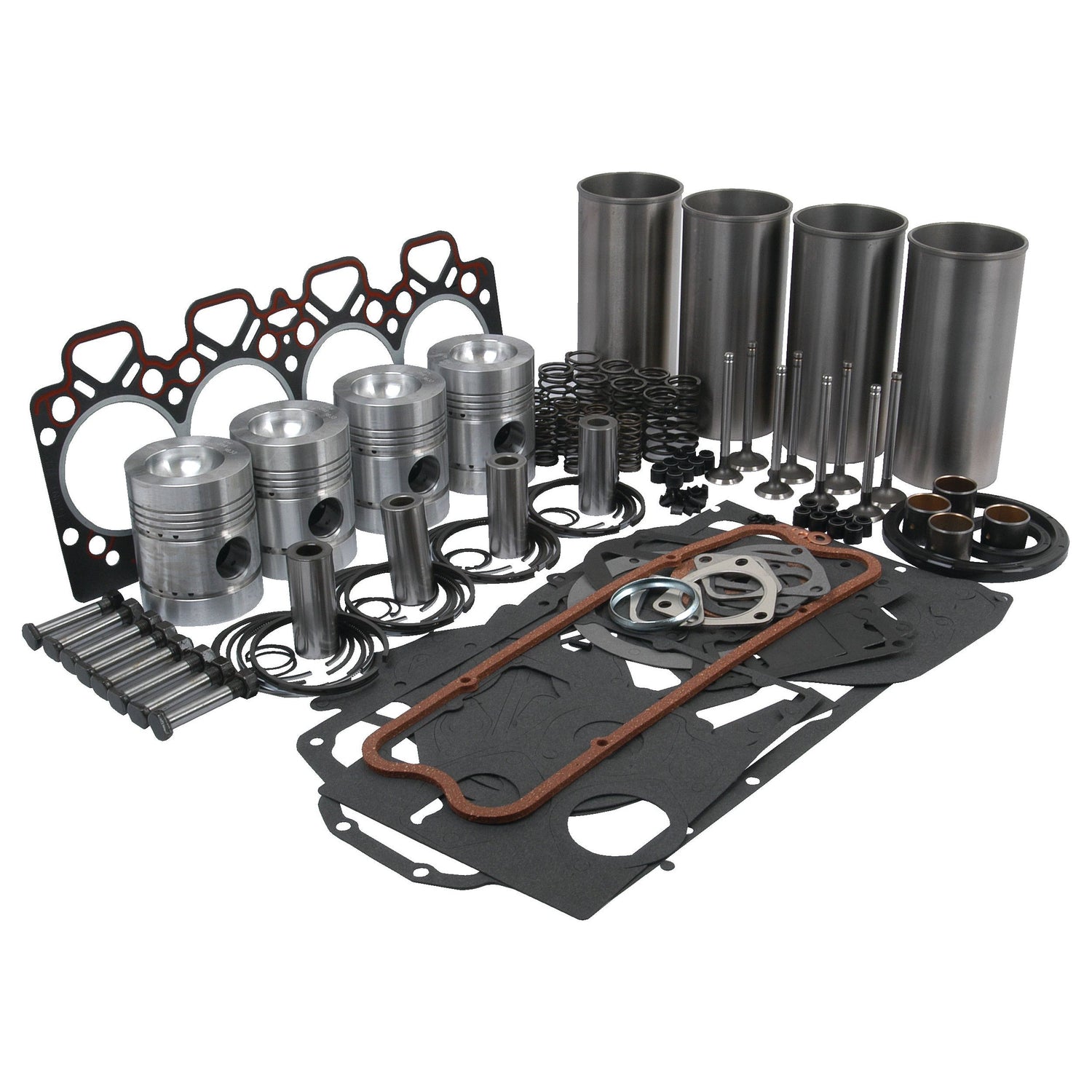 An assortment of engine parts, including pistons, gaskets, seals, and cylinders, along with a Sparex Engine Overhaul Kit with Valve Train (Semi Finished) - S.40396, arranged on a white background.