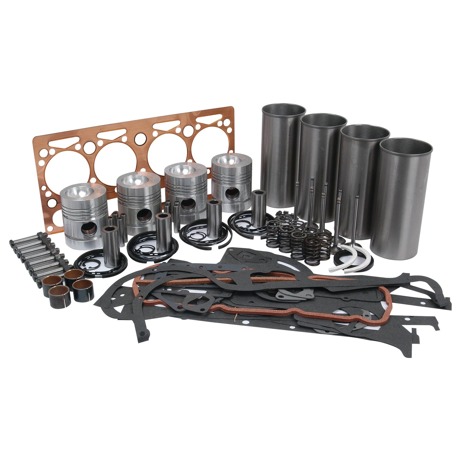 Image of a Sparex Engine Overhaul Kit with Valve Train (Finished) - S.41601 containing pistons, piston rings, cylinder liners, gaskets, valve train components, seals, and other small engine parts, neatly arranged on a white background.