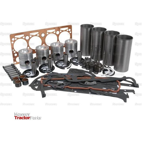 A collection of engine parts, including pistons, gaskets, springs, and cylinders from the Sparex Engine Overhaul Kit with Valve Train (Finished) - S.41601, organized on a white background. The logo of Massey Tractor Parts is visible in the bottom left corner.