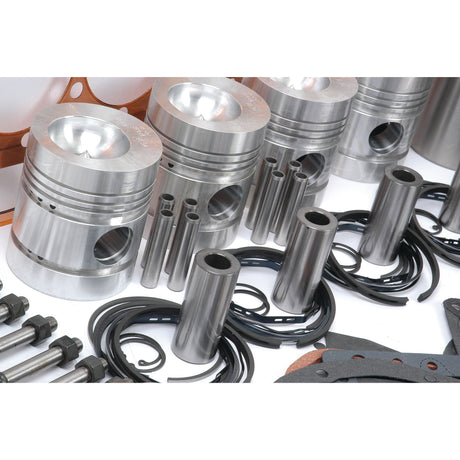 A complete Engine Overhaul Kit with Valve Train (Finished) - S.41601 by Sparex, featuring polished metal pistons, rods, and bolts arranged on a flat surface alongside gaskets and O-rings for your Perkins Engine.
