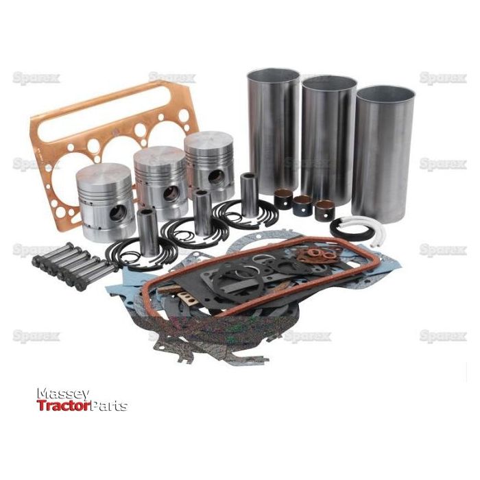 An assembly of engine parts, featuring pistons, cylinder liners, gaskets, and seals for the A3.152 Model Perkins Engine, arranged on a white background. The Sparex logo is visible in the bottom left corner of the Engine Overhaul Kit without Valve Train (Chrome) - S.41882 package by Sparex.