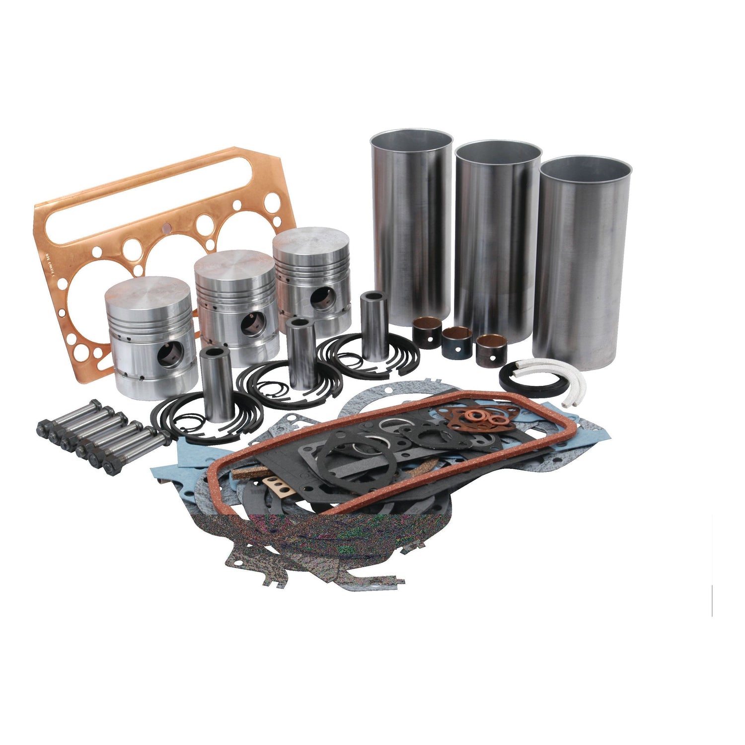 A Sparex Engine Overhaul Kit without Valve Train (Chrome) - S.41882, comprising pistons, cylinder sleeves, gaskets, and various seals and bolts, arranged on a white background.