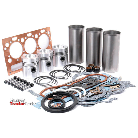 A meticulously arranged Engine Overhaul Kit without Valve Train (Finished) - S.41885 from the Sparex brand, comprising pistons, cylinders, gaskets, and screws, featuring the "Massey Tractor Parts" logo.