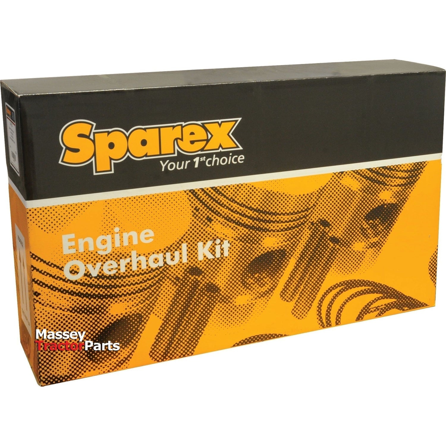 Box labeled "Engine Overhaul Kit without Valve Train (Semi Finished) - S.41886" with an image of engine parts. Sparex branding on one corner.