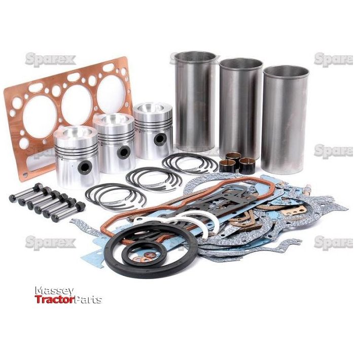 The Sparex Engine Overhaul Kit without Valve Train (Semi Finished), part number S.41888, is a comprehensive solution for Perkins AD3.152 engines. It includes pistons, liners, gaskets, seals, and various small parts arranged on a white background, making it ideal for maintaining your Massey Ferguson 135.