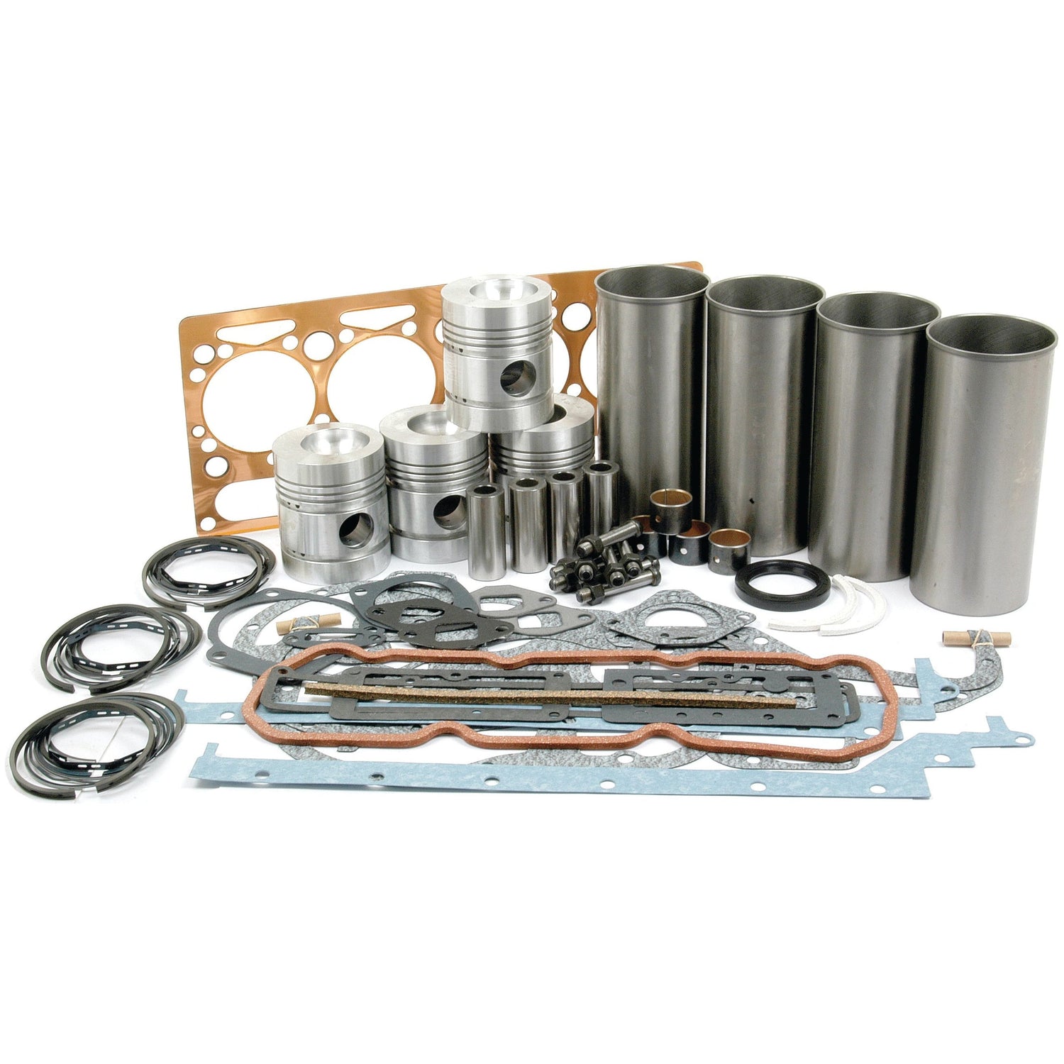 A collection of Sparex Engine Overhaul Kit without Valve Train (Finished) - S.41898 parts, including pistons, gaskets, rings, cylinders, and other mechanical components arranged on a light background as part of an AD4.203 engine overhaul kit.