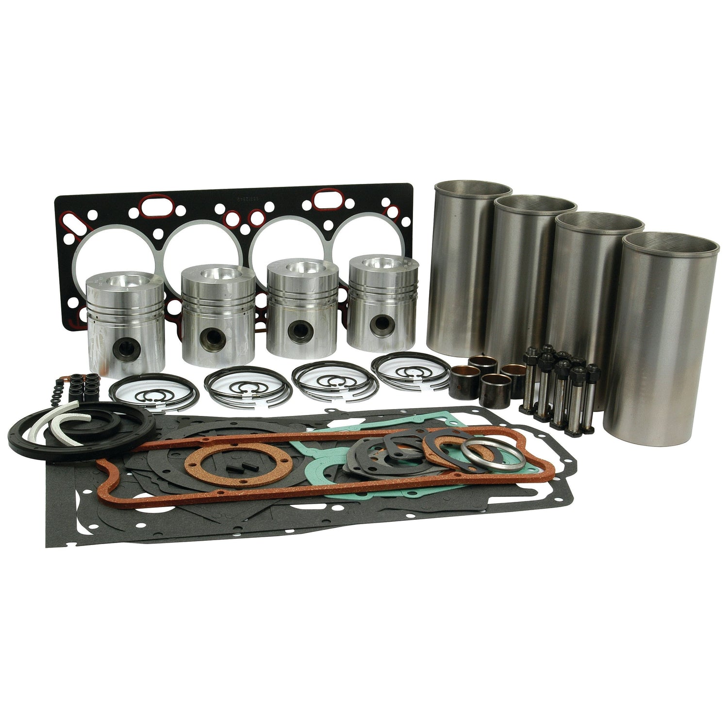 This image displays a Sparex Engine Overhaul Kit without Valve Train (Finished) - S.41903 for the A4.212 Engine Model, featuring pistons, cylinder liners, gaskets, seals, and bolts neatly arranged on a white background.