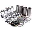 A variety of engine parts laid out, including pistons, gaskets, cylinders, valves, seals, and other components from the Sparex Engine Overhaul Kit without Valve Train (Semi Finished) - S.41908—all organized in an assortment.