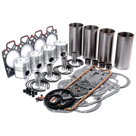 This image showcases various engine components, including pistons, gaskets, valves, and cylinder sleeves from the Sparex Engine Overhaul Kit without Valve Train (Semi Finished) - S.41908 for the Perkins Engine A4.236, all arranged neatly on a white background.