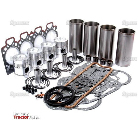 A collection of metallic engine parts, including pistons, cylinder liners, gaskets, and rings, arranged in an organized manner. The text "Massey Tractor Parts" is visible at the bottom left corner, along with a note referencing the Engine Overhaul Kit without Valve Train (Semi Finished) - S.41908 by Sparex for the Perkins Engine A4.236.