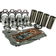 A comprehensive Sparex Engine Overhaul Kit without Valve Train (Semi Finished) - S.41912, featuring pistons, metal sleeves, gaskets, O-rings, seals, and various small parts meticulously arranged on a white background.